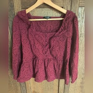 Madewell Burgundy Ruffled Eyelet Peplum Blouse 3/4 Sleeve